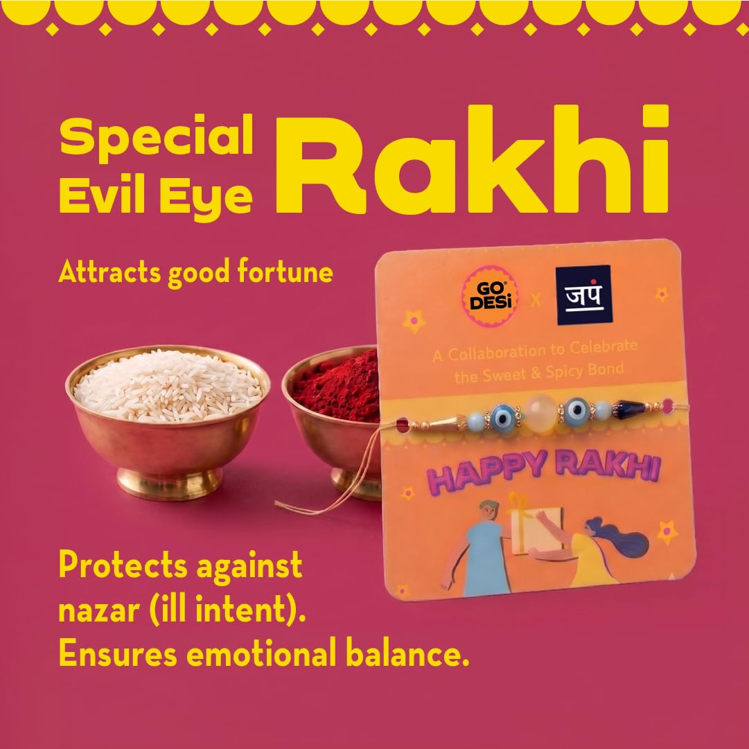 GO DESi Rakhi Set For Brother - 18 Items | Fun Gift Box | Evil Eye Stone Rakhi