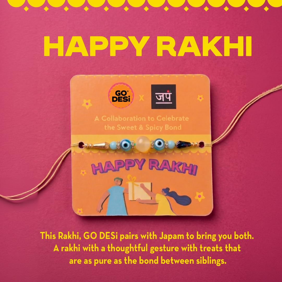 GO DESi Rakhi Set For Brother - 18 Items | Fun Gift Box | Evil Eye Stone Rakhi