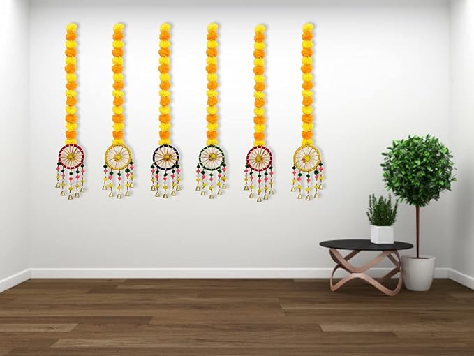 JH Gallery Marigold & Bell Hanging Toran – Pack of 6 for Decoration