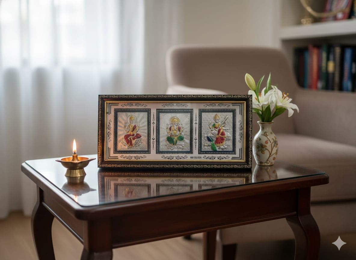 999 Pure Silver Lakshmi Ganesha and Saraswati Frame for Gift