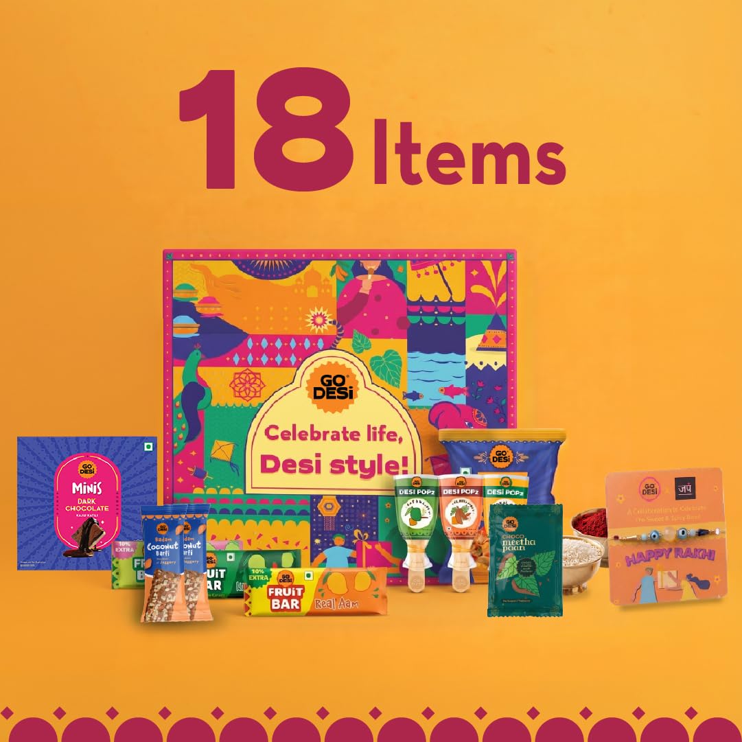 GO DESi Rakhi Set For Brother - 18 Items | Fun Gift Box | Evil Eye Stone Rakhi