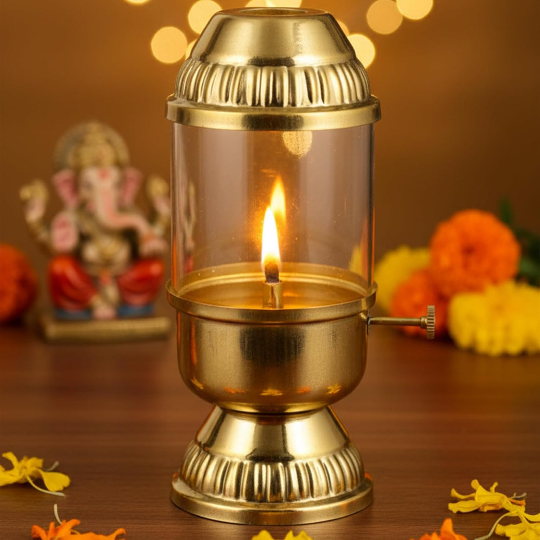 CraftVatika 100% Pure Brass Akhand Diya with Adjustable bati Knob