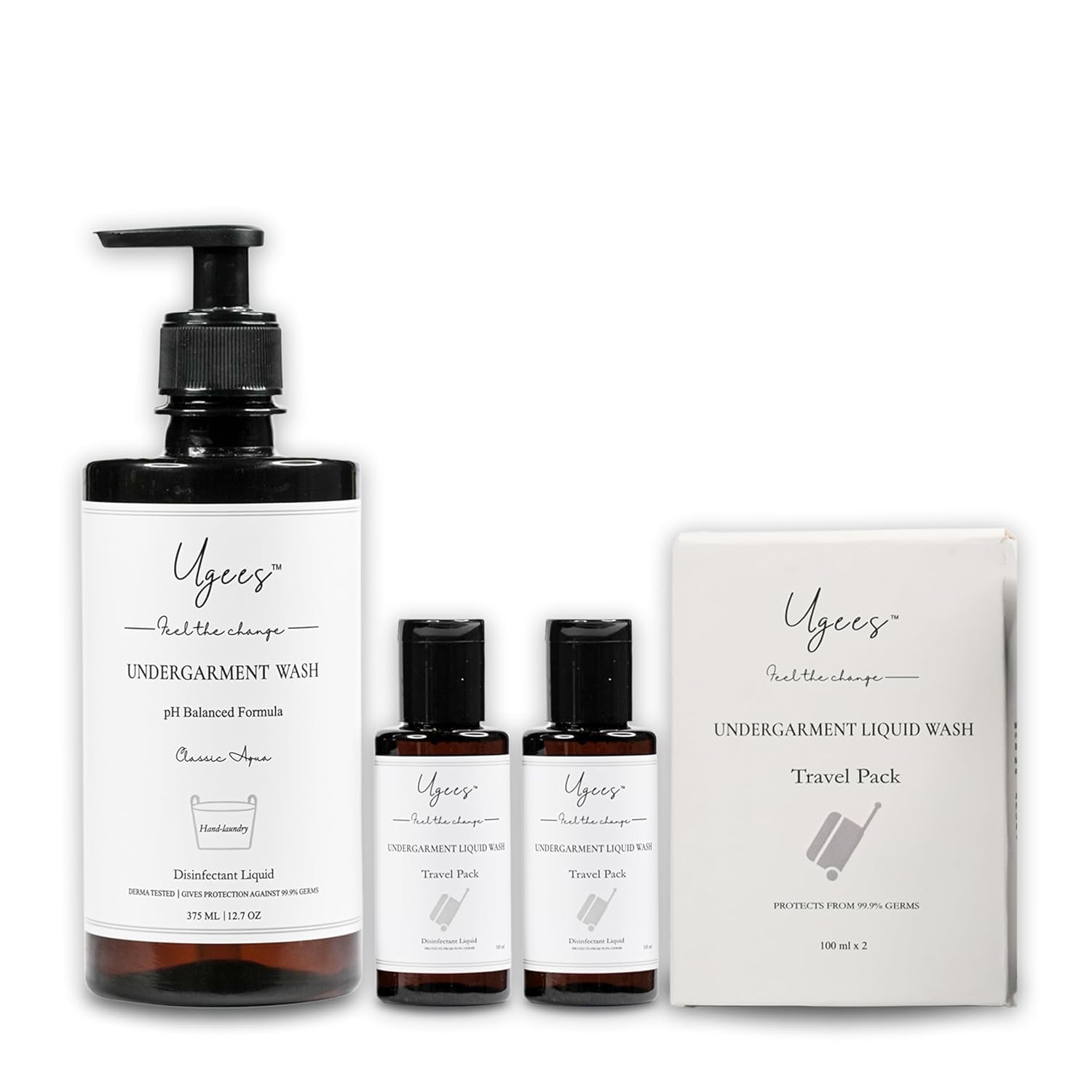 Ugees Undergarment liquid detergent combo - I Plant based (375ml Regular bottle + 2 x 100 ml Travel pack) (UGL-502)