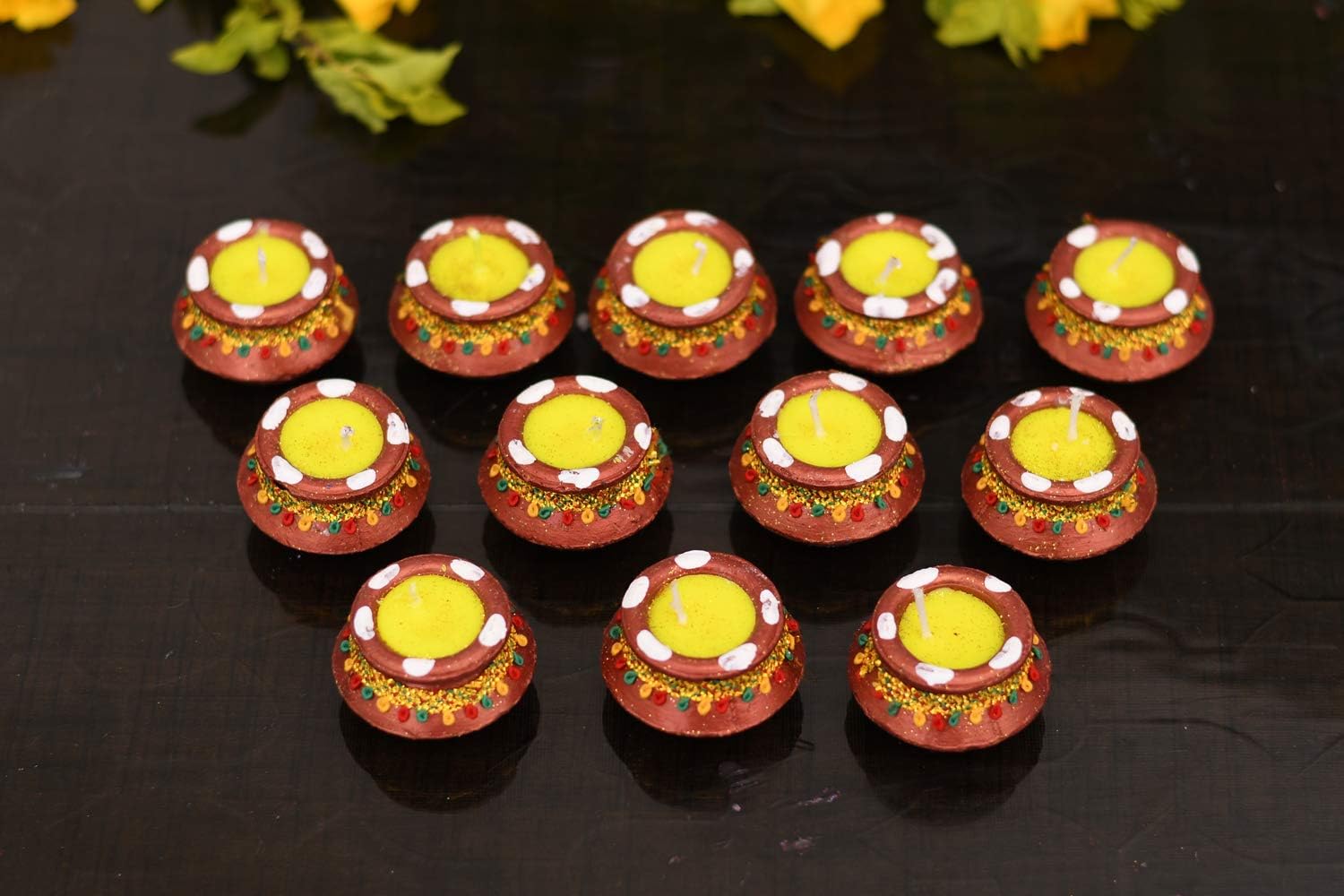 Collectible India 12 Diwali Diya Colorful Handmade Earthen Clay Handpainted Diyas