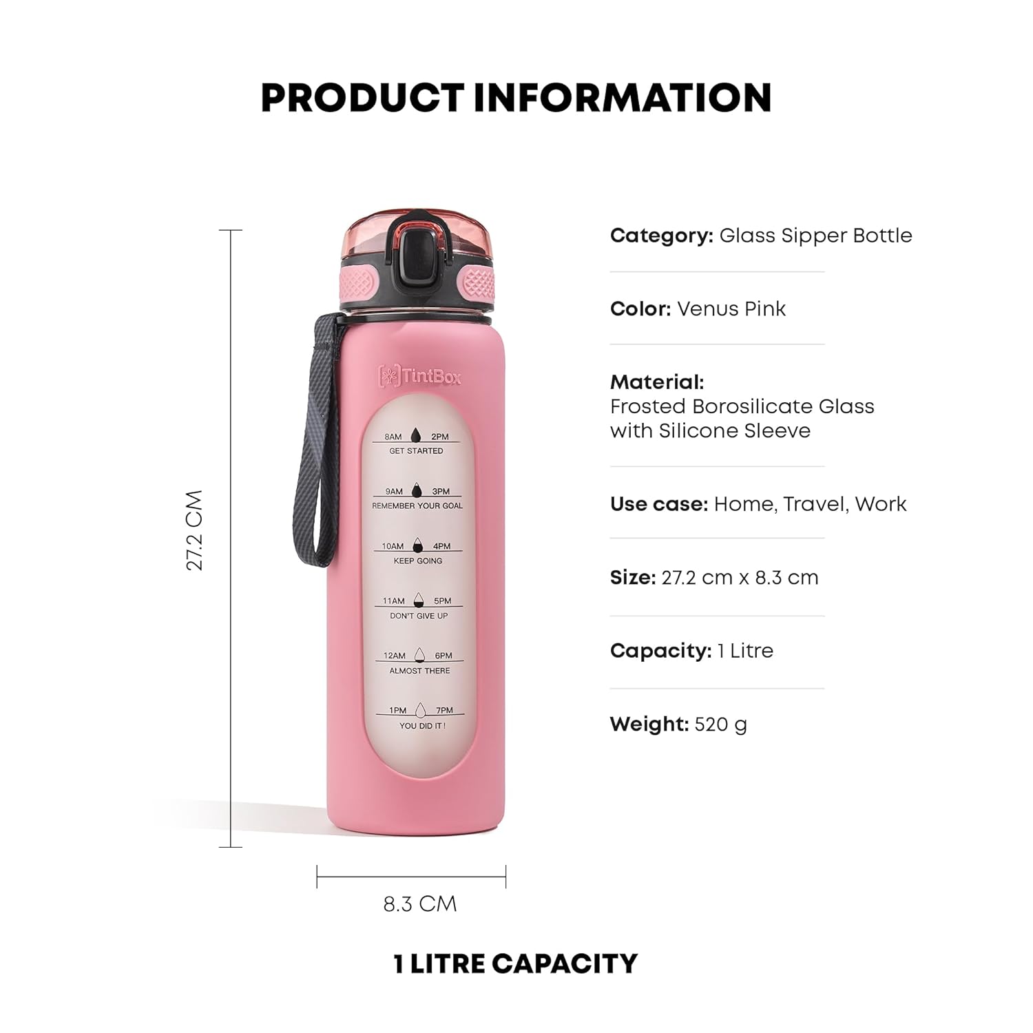 TintBox 1 Litre Motivational Borosilicate Glass Sipper with Silicone Sleeve, Time Markings, Leak-Proof (Venus Pink)