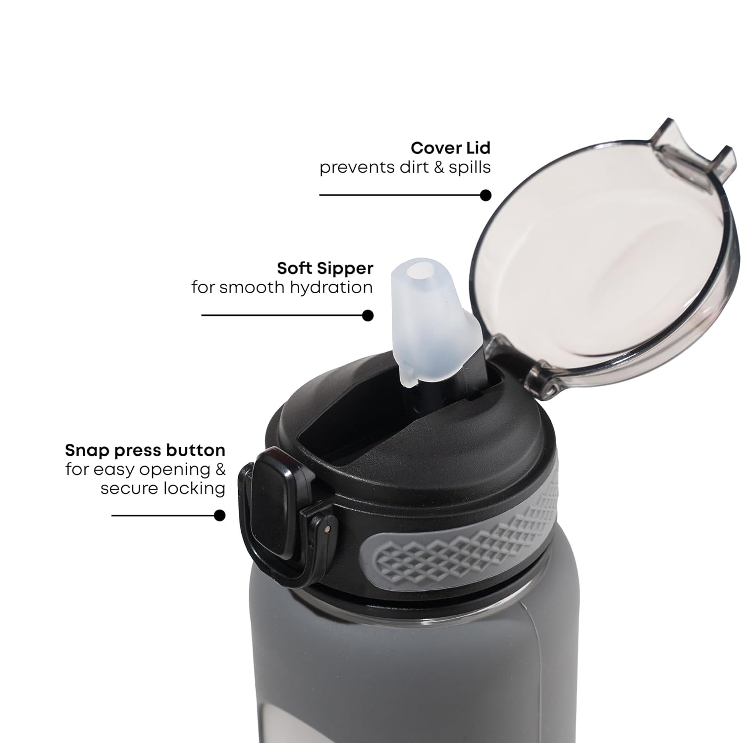 TintBox 1 Litre Motivational Borosilicate Glass Sipper with Silicone Sleeve, Time Markings, Leak-Proof (Gravity Grey)
