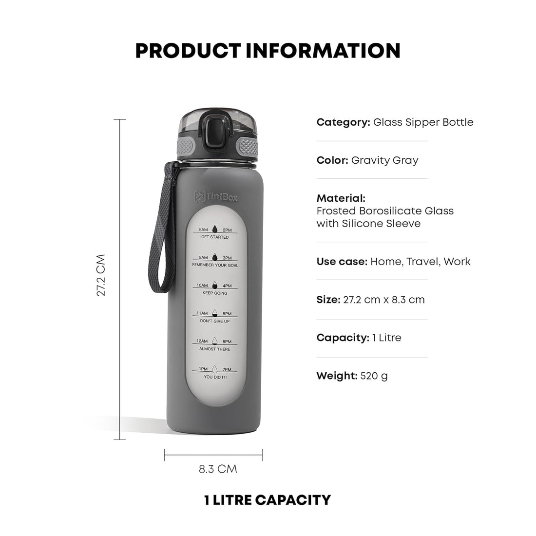 TintBox 1 Litre Motivational Borosilicate Glass Sipper with Silicone Sleeve, Time Markings, Leak-Proof (Gravity Grey)