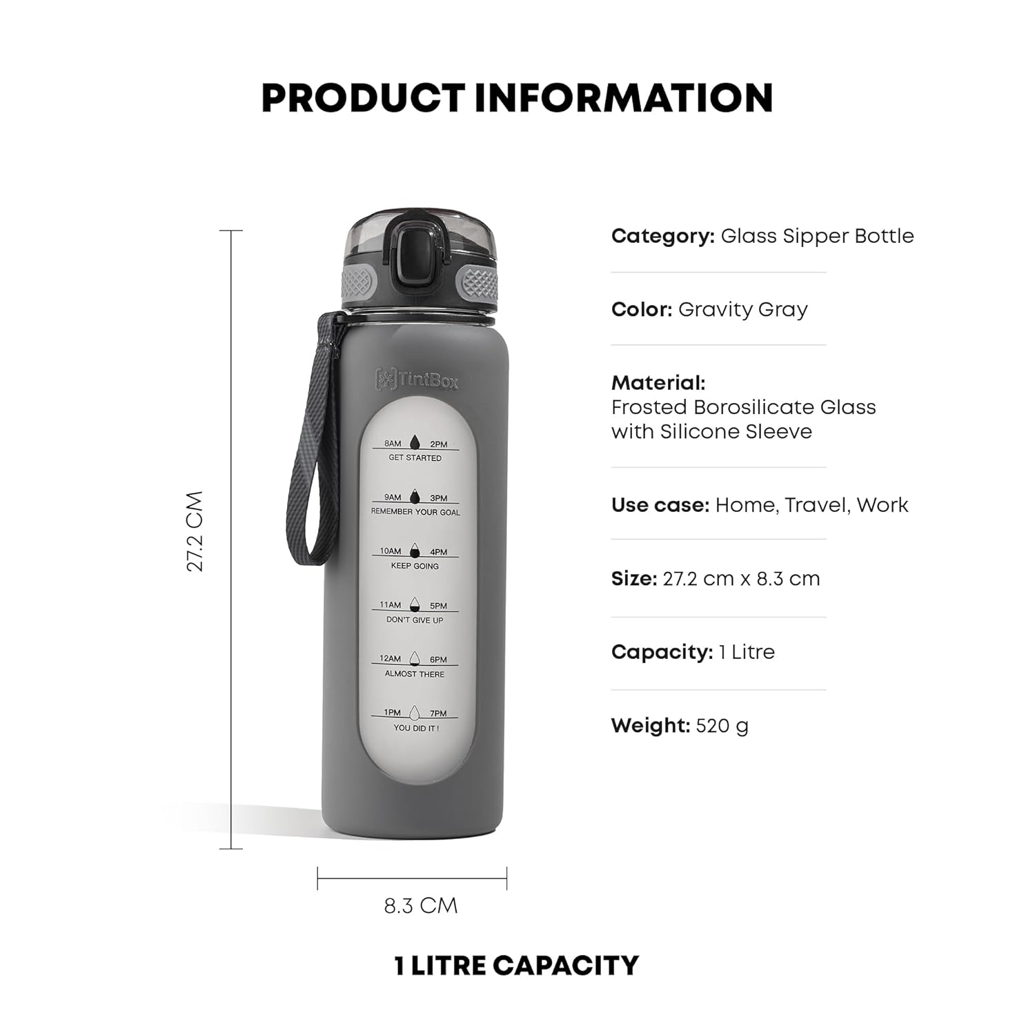 TintBox 1 Litre Motivational Borosilicate Glass Sipper with Silicone Sleeve, Time Markings, Leak-Proof (Gravity Grey)