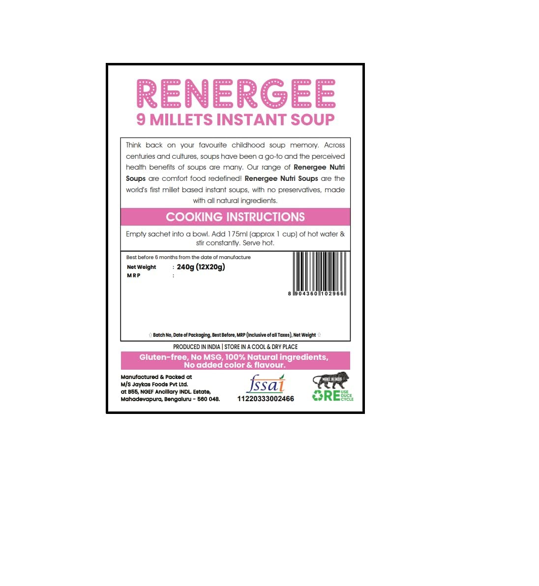 Grami Superfoods Renergee 9 Millets Instant Hot & Sour Soup - Pack of 12 - 240g