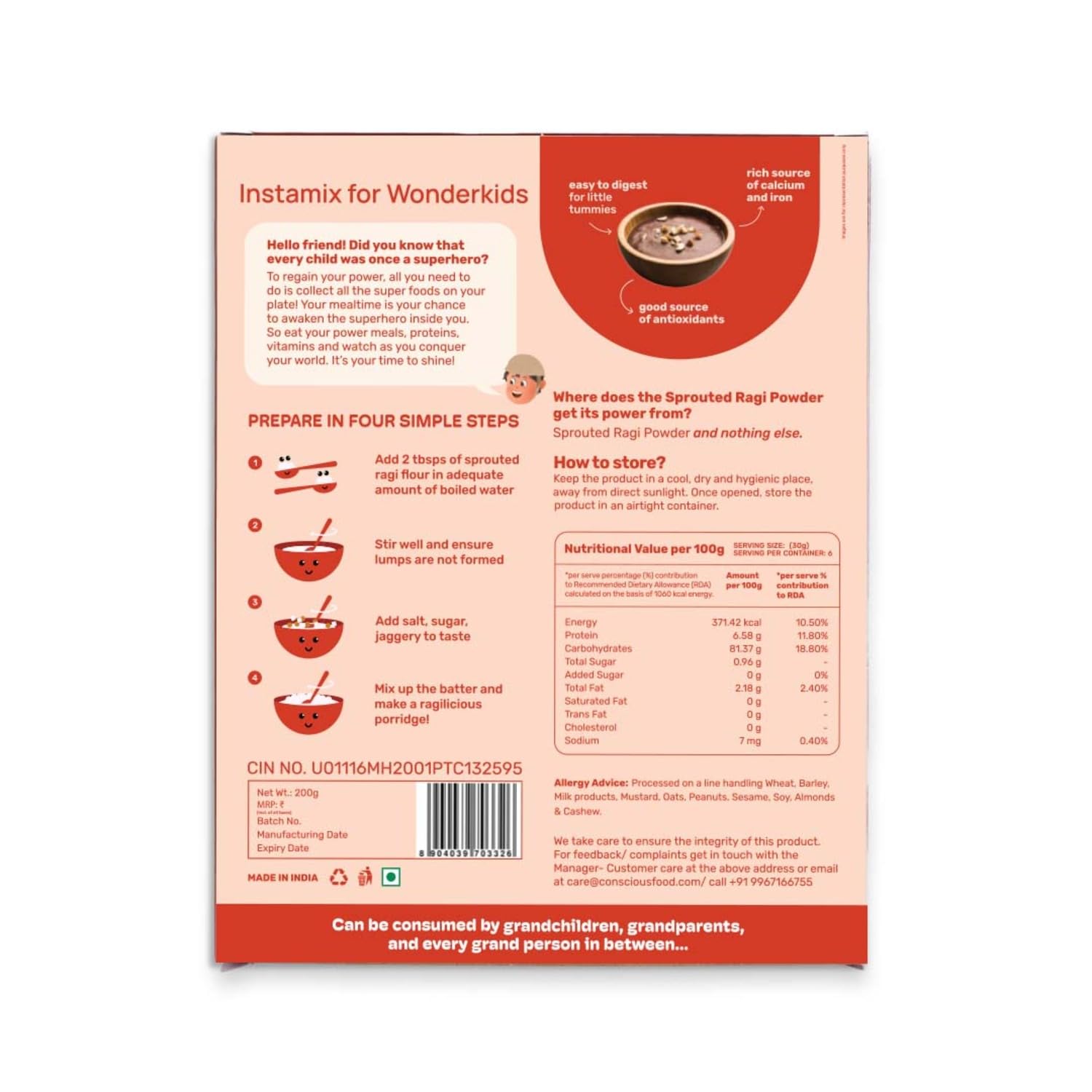 Conscious Food For Kids - Sprouted Ragi Powder - 200g