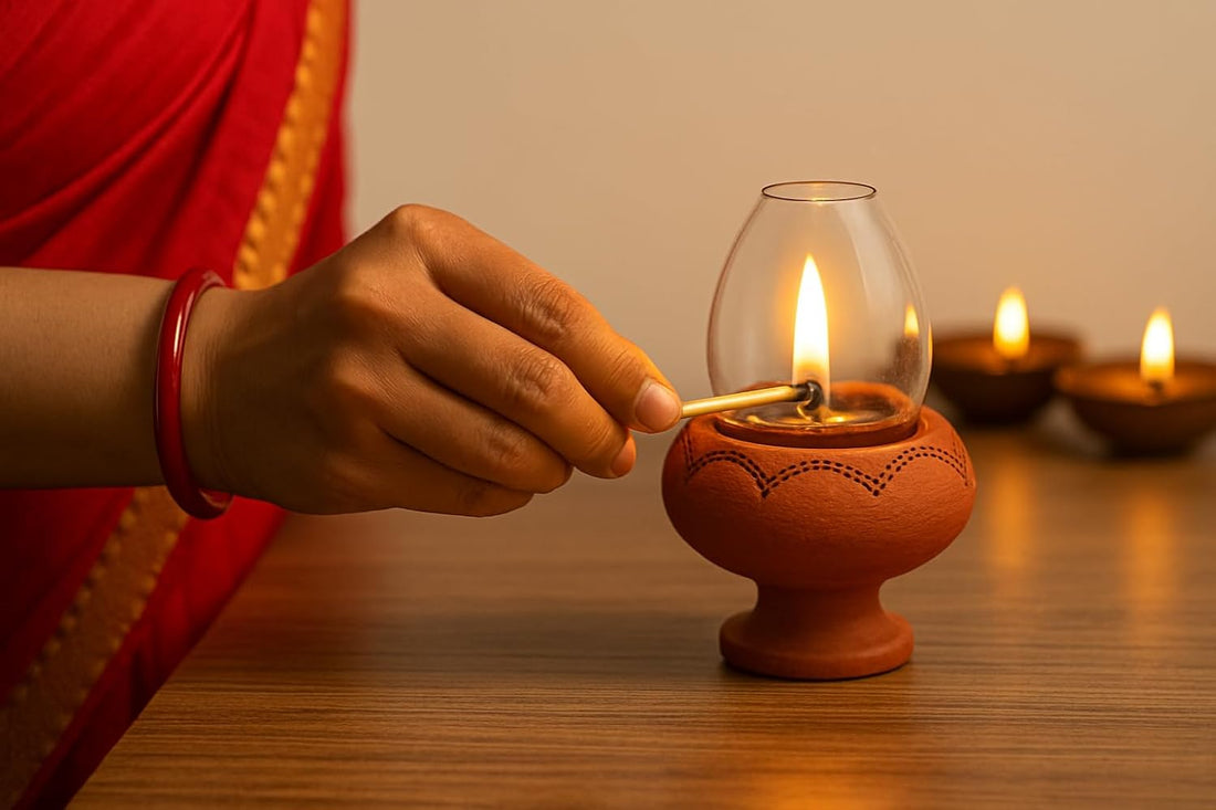 Our Rural Clay Deepam Diya with Glass Cover – Traditional Puja Oil Lamp with Glass Lid (Pack of 2)