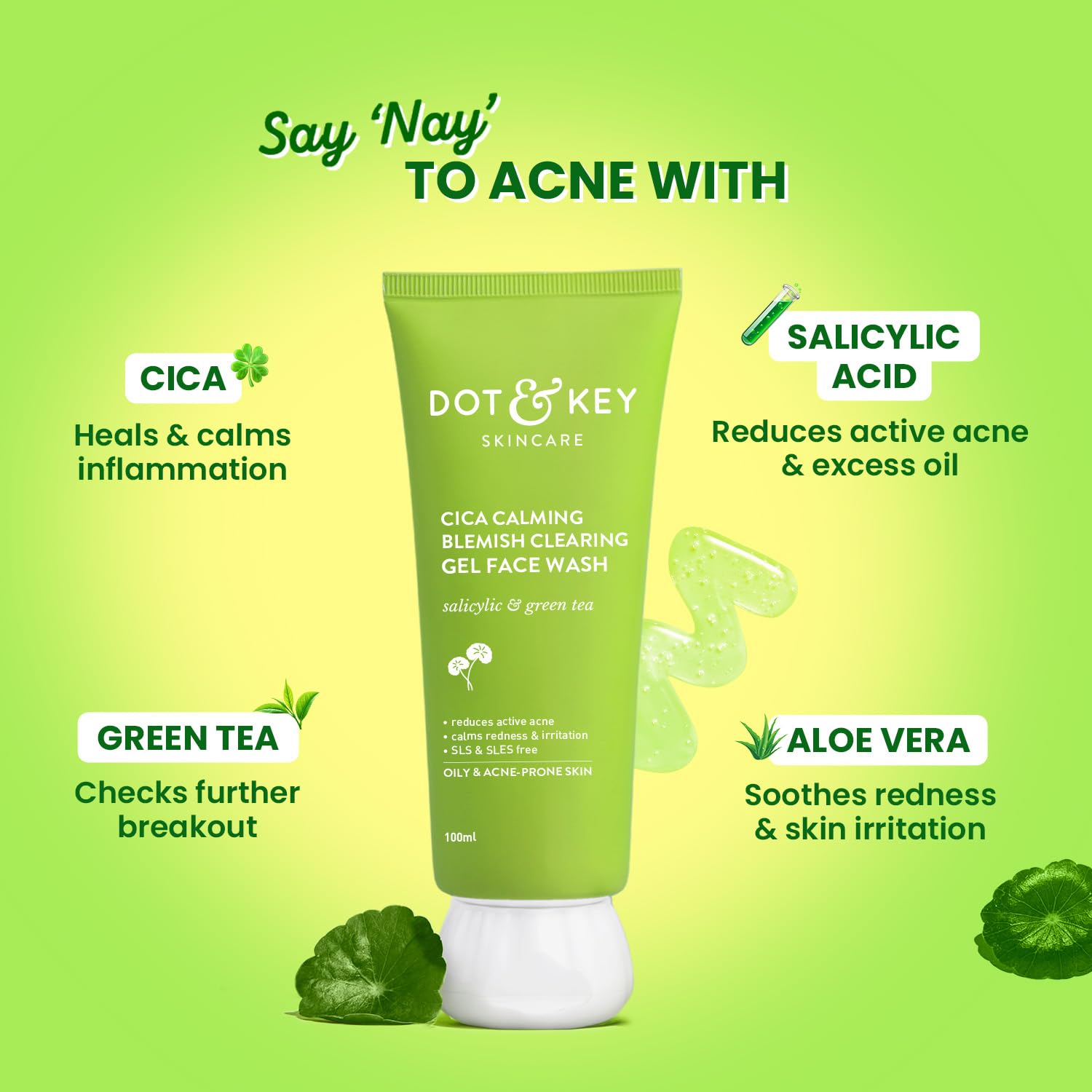 Dot & Key CICA Face Wash for Acne Prone Skin, 2% Salicylic Acid with Green Tea