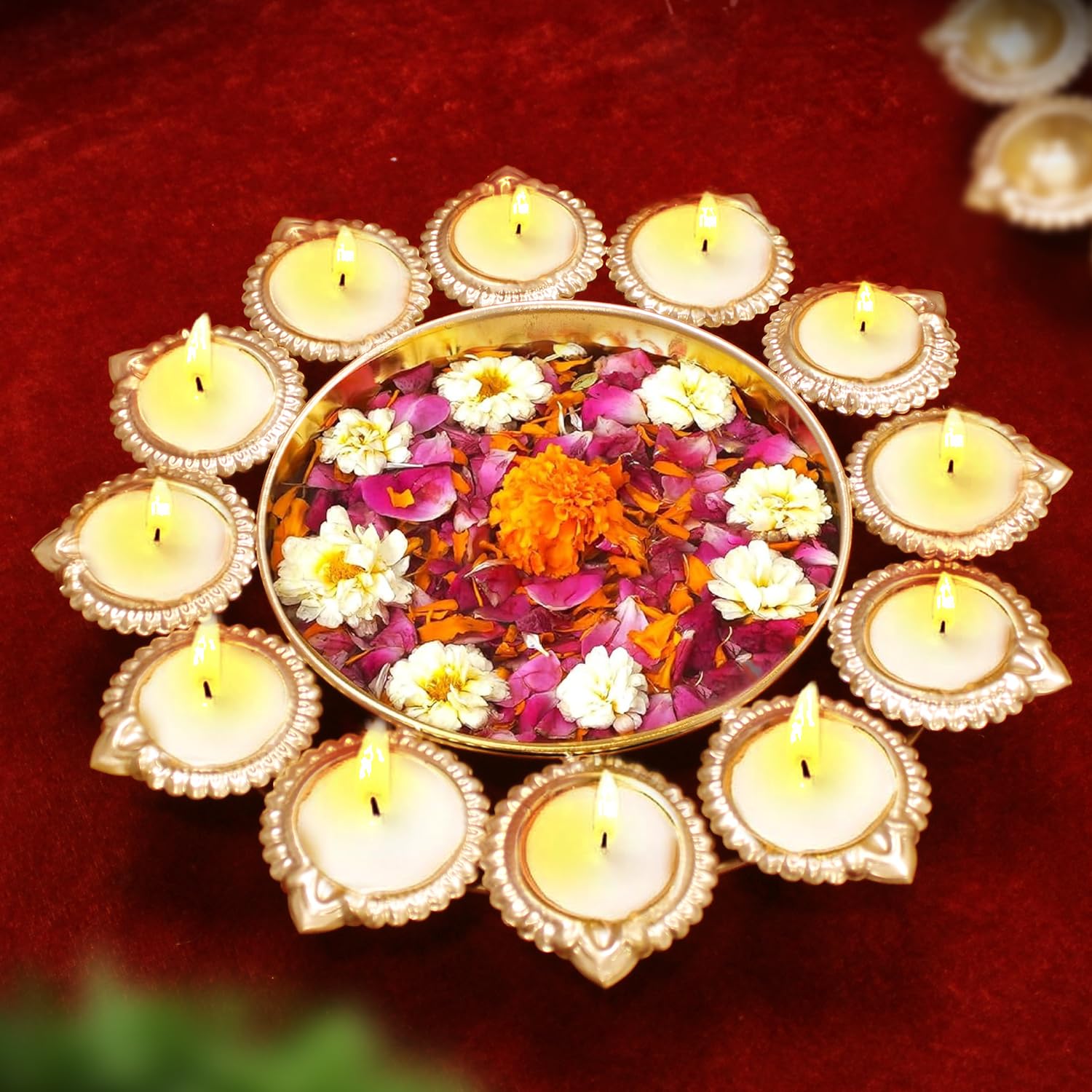 Tied Ribbons Urli Bowl with 12 Attached Oil Diyas for Floating Flowers and Tealight Candles