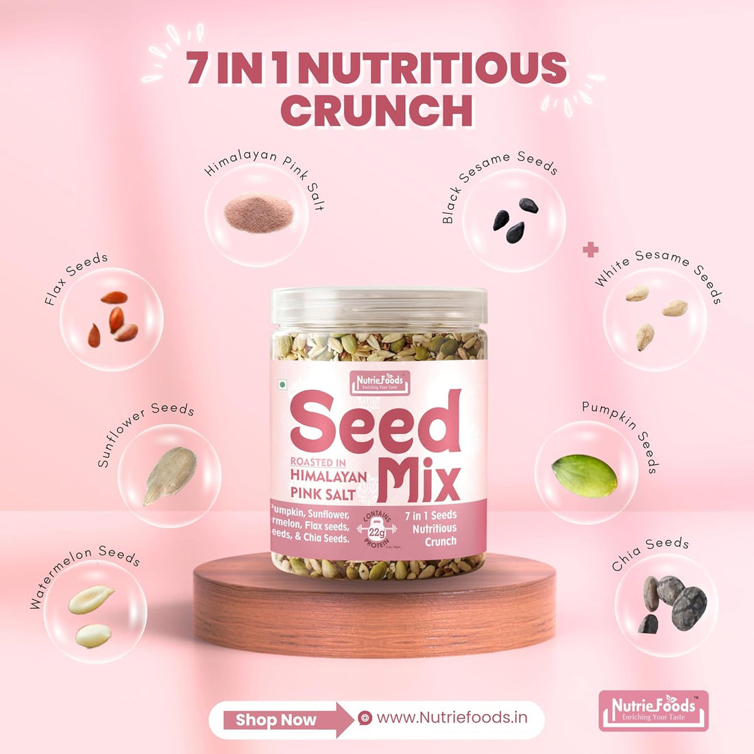 Nutriefoods 7 in 1 Crunchy Seed Mix | Roasted in Himalayan Pink Salt - 300g