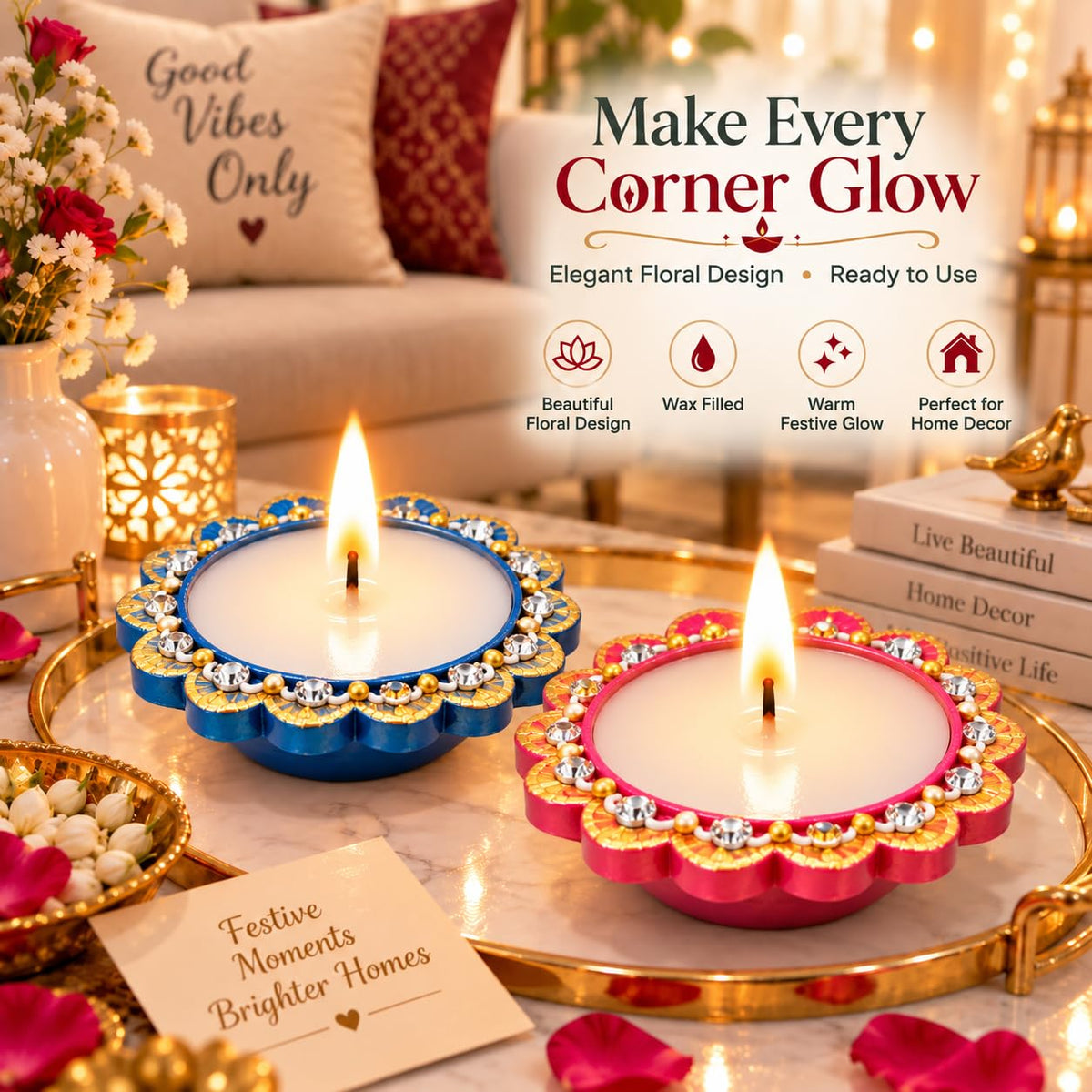 DIVAYANSHI Terracotta Diya with Wax Filled Pack of 6