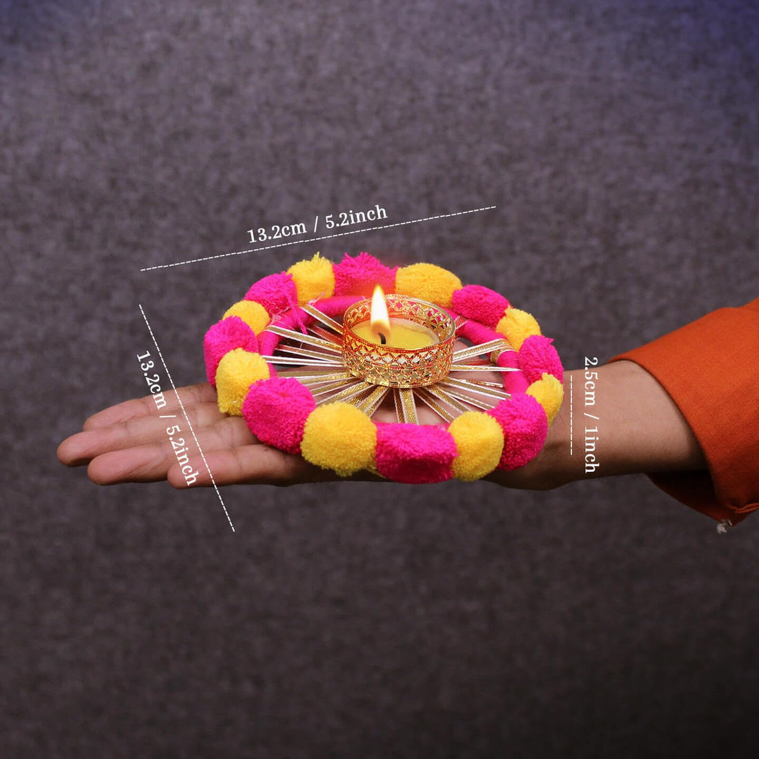 TIED RIBBONS Pack of 3 Decorative Pom Pom Tealight Candle Holders with Wax