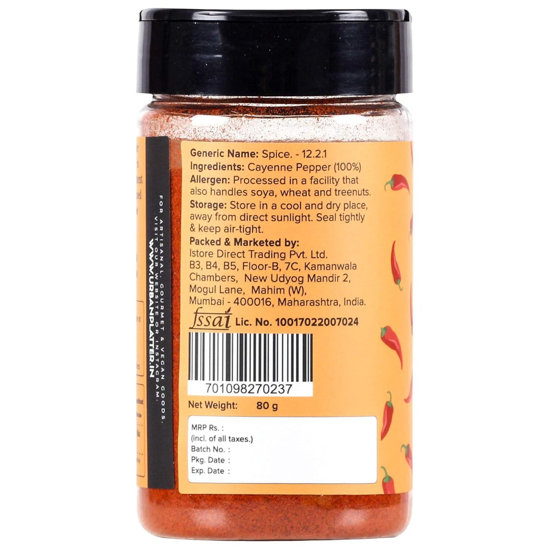 Jar of cayenne pepper powder with 'urban platter' branding on a white background