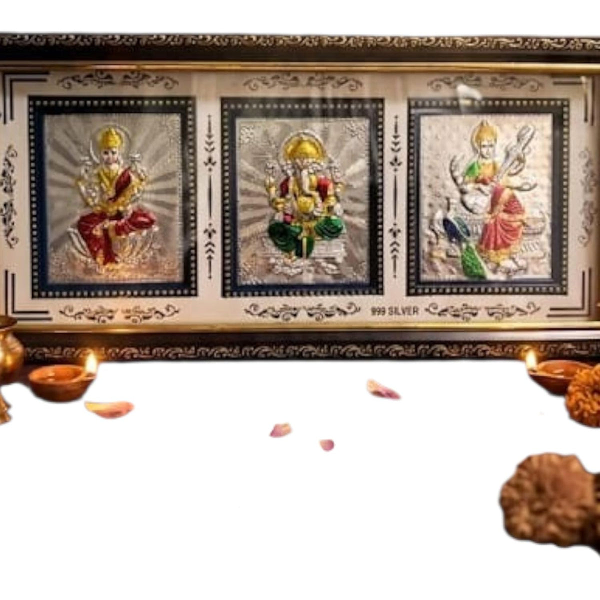999 Pure Silver Lakshmi Ganesha and Saraswati Frame for Gift