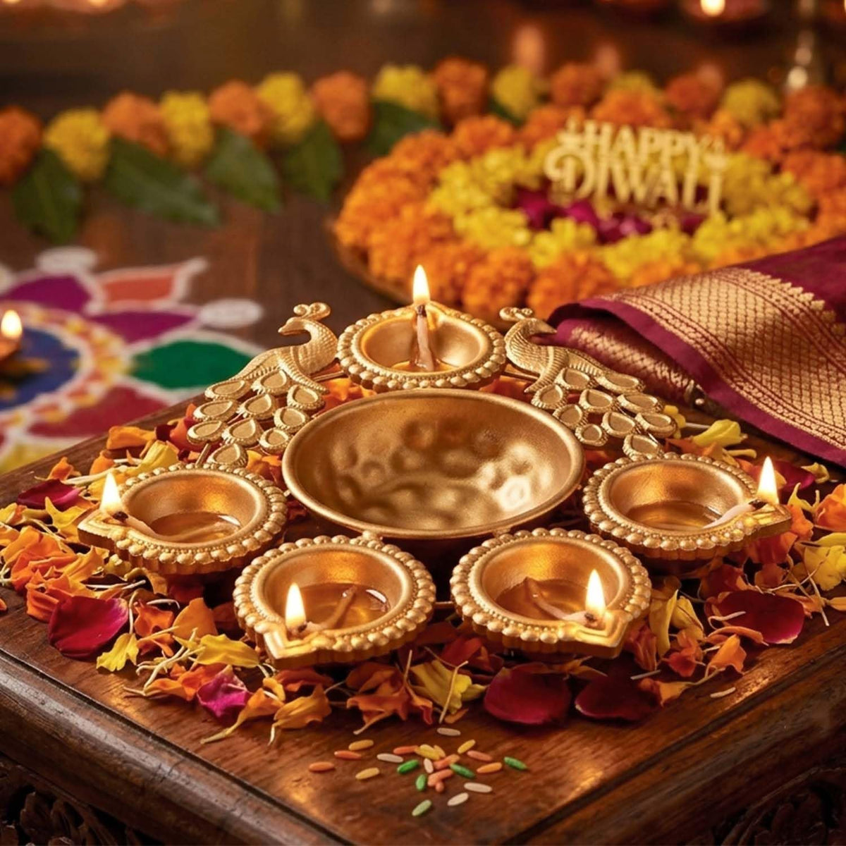 Ascension Peacock Diya Shape Decorative Urli Bowl for Home Decor with 5 Attached Oil Diyas