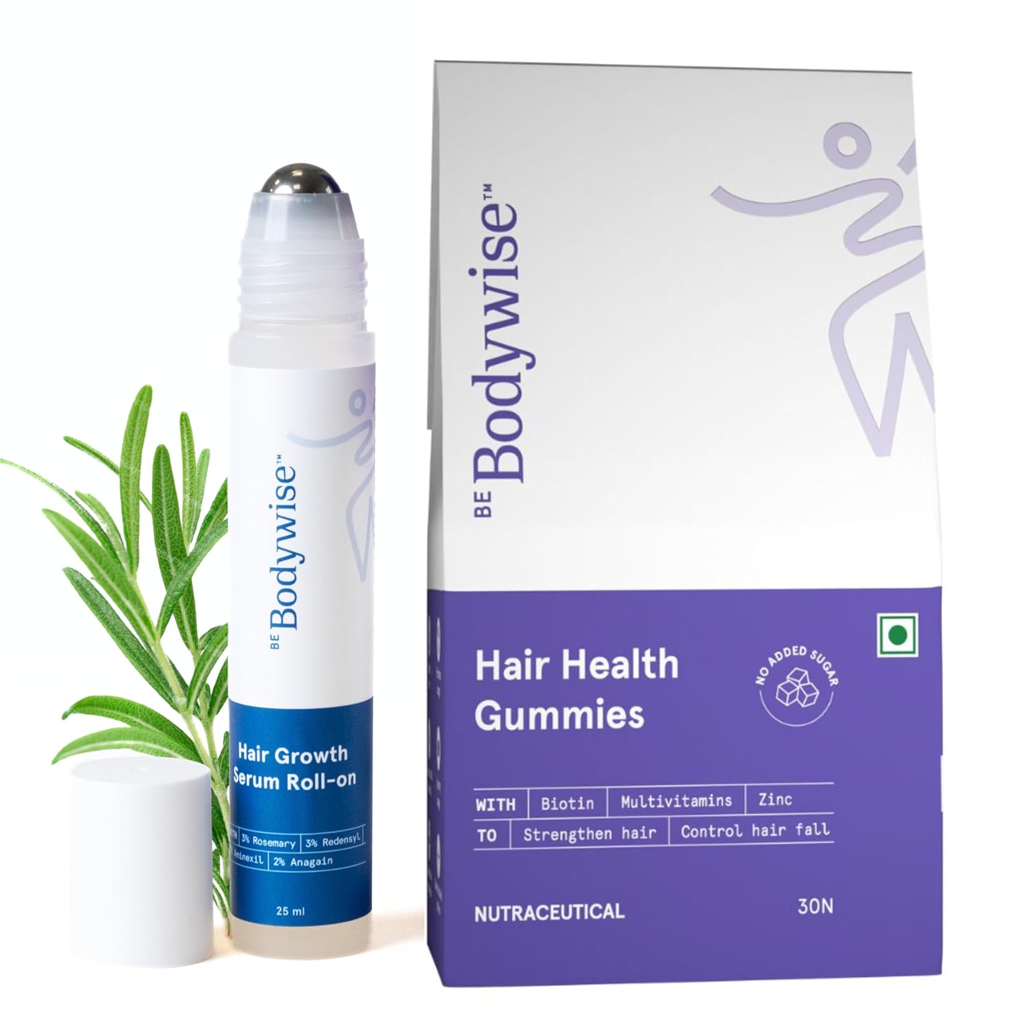 Be Bodywise Hair Growth Pack, 30 Day Pack, Biotin Hair Gummies (30 Gummies) & Rosemary Hair Growth Serum (Roll-On) 25Ml
