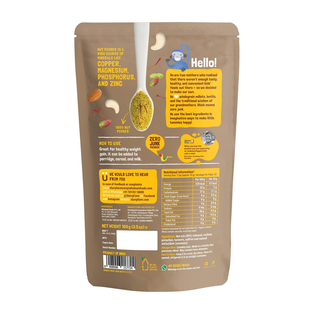 Slurrp Farm NO Added Sugar 100% Natural Nut Powder, 100 G