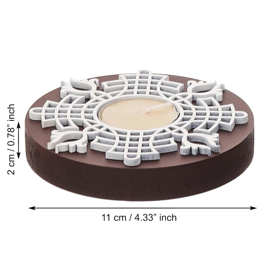 eCraftIndia Brown & White Round Handcrafted Wooden Block Print Tea Light Candle Holders
