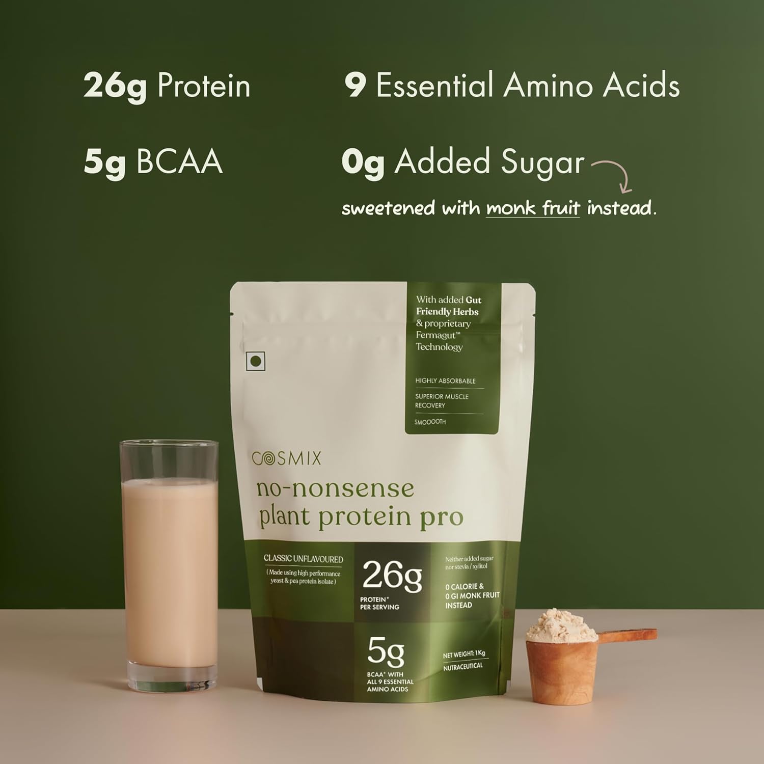 Cosmix No-Nonsense Plant Protein Pro | 26g Protein/Serve | Classic Unflavoured - 500 G