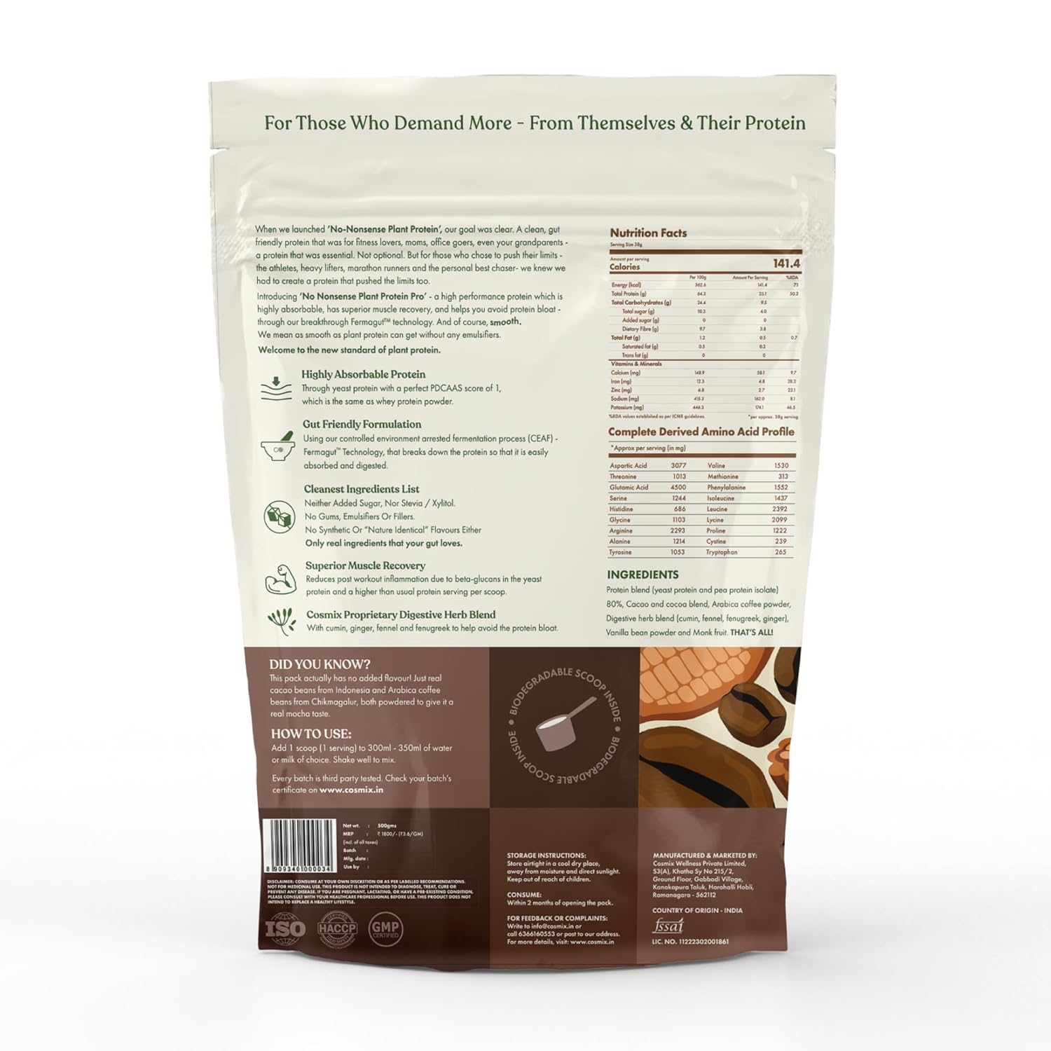 Cosmix No-Nonsense Plant Protein Pro | 26g Protein/Serve | Chikmagalur Mocha - 500G