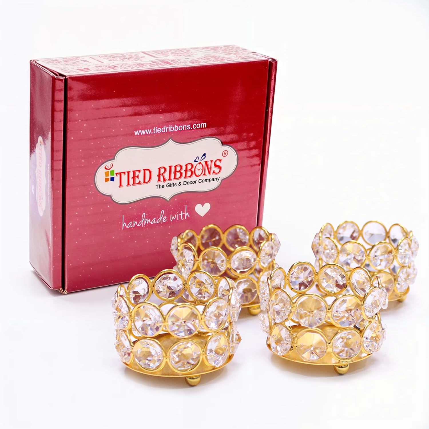 TIED RIBBONS Pack of 4 Crystal Tealight Candle Holder Centerpieces Votive Candle Holders