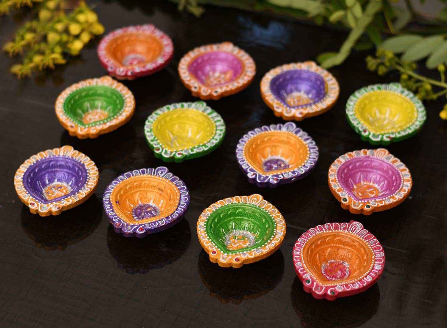 Collectible India Clay 12 Diyas Diya Deepak Earthen Assorted Colorful Set