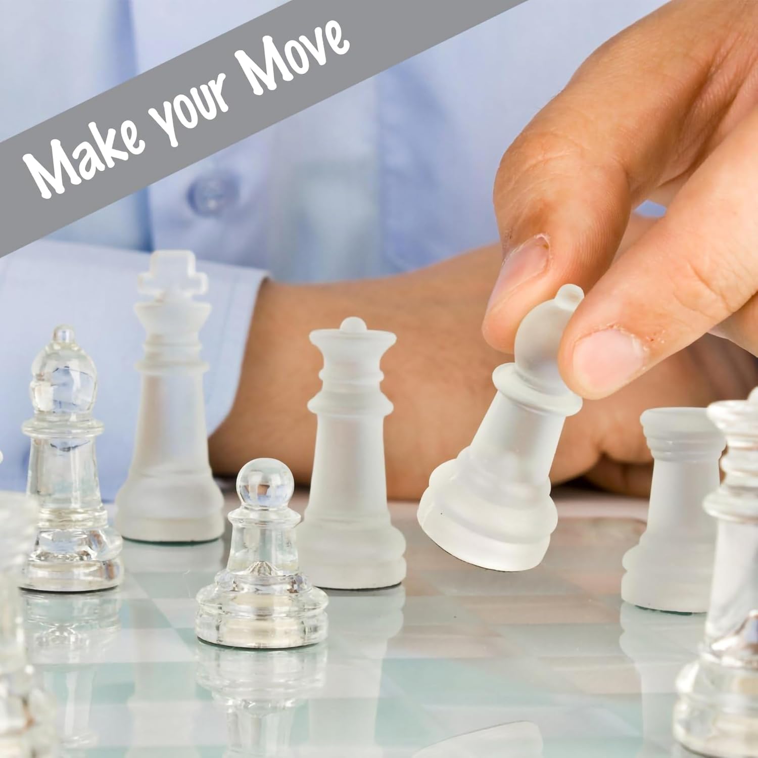 VGRASSP Glass Chess Board Set with Frosted and Clear Chessmen Pieces - 10 Inch