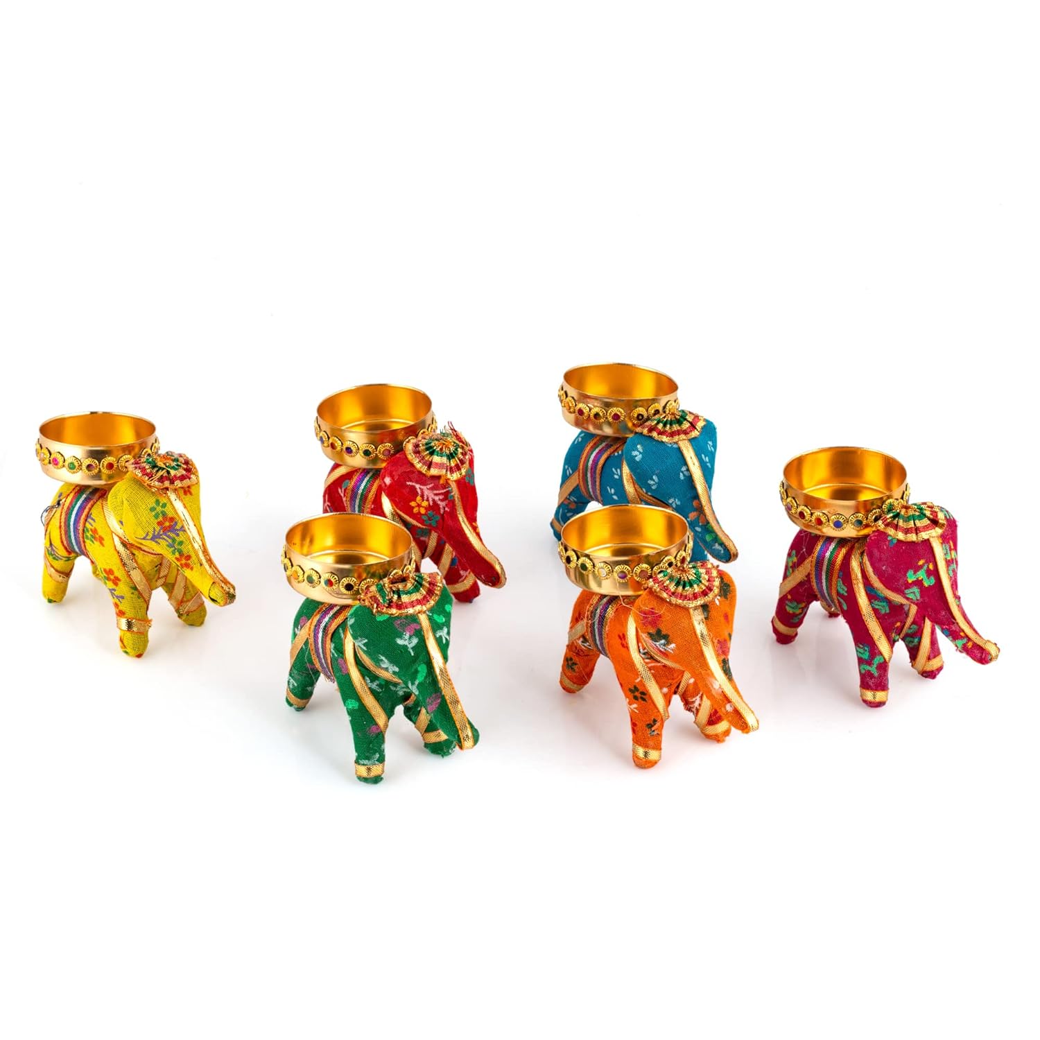 JH Gallery Handcrafted Elephant Tealight Candle Holders | Recycled Material | Multicolor | Pack of 6 | 10x5x8 cm