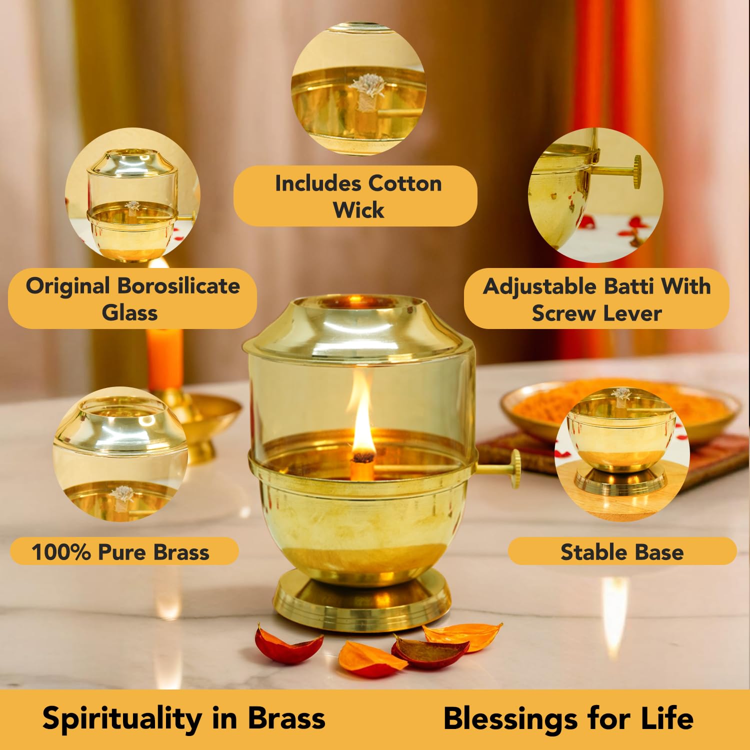 Ekhasa 100% Pure Brass Akhand Jyot Diya with Adjustable Bati Knob