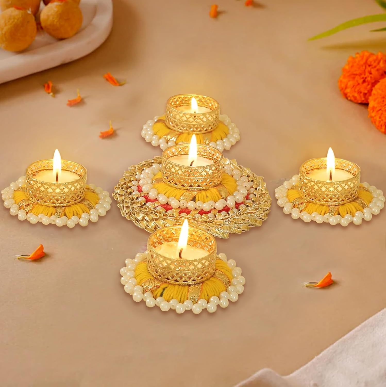TIED RIBBONS Set of 5 Florals Tealight Candle Holders for Diyas
