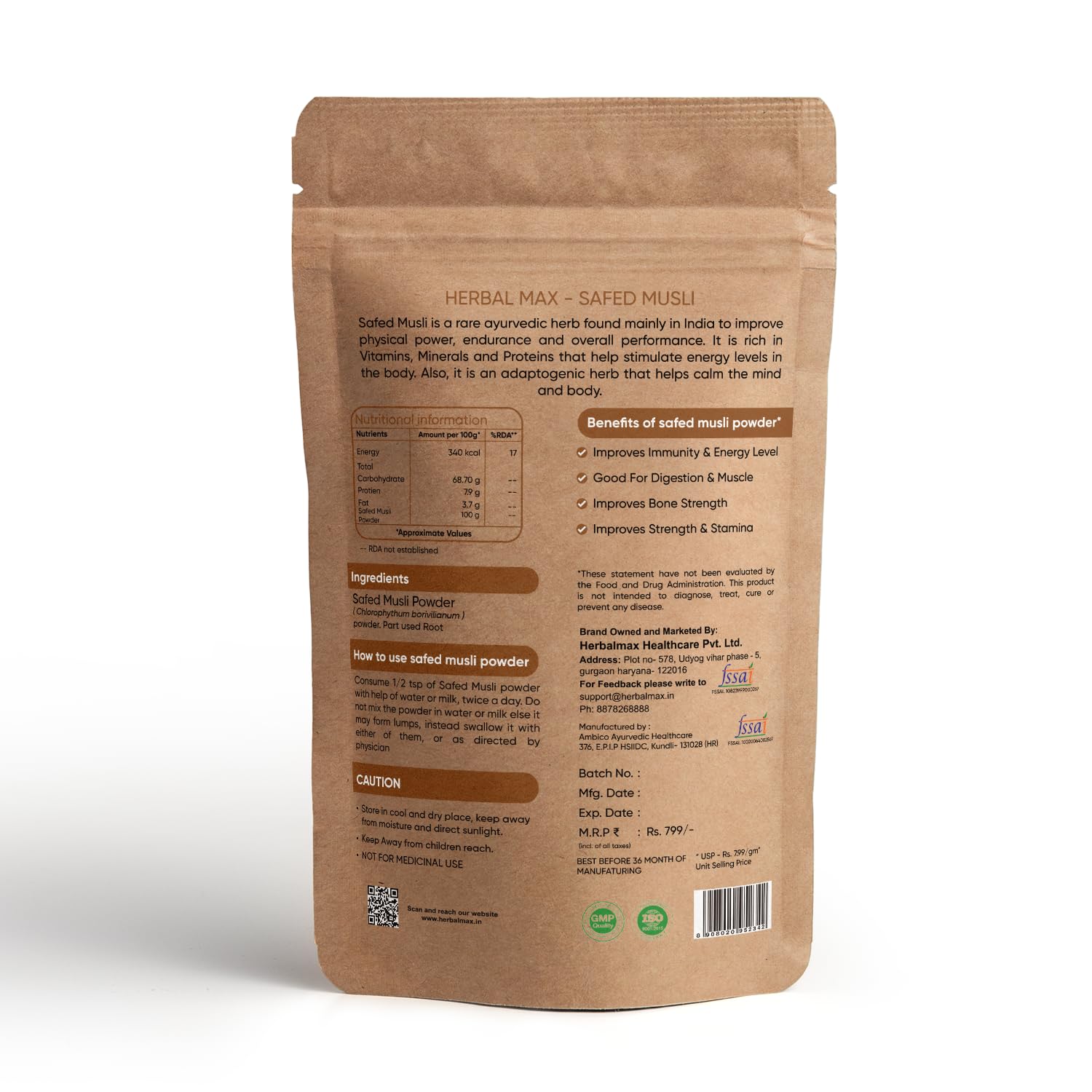 Herbal max Organic Safed Musli Root Powder - 100 g