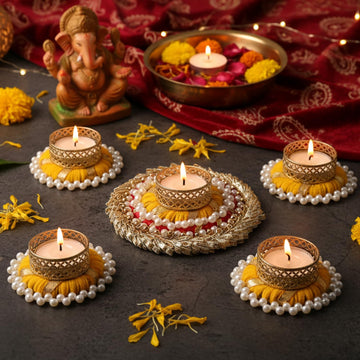 TIED RIBBONS Set of 5 Florals Tealight Candle Holders for Diyas