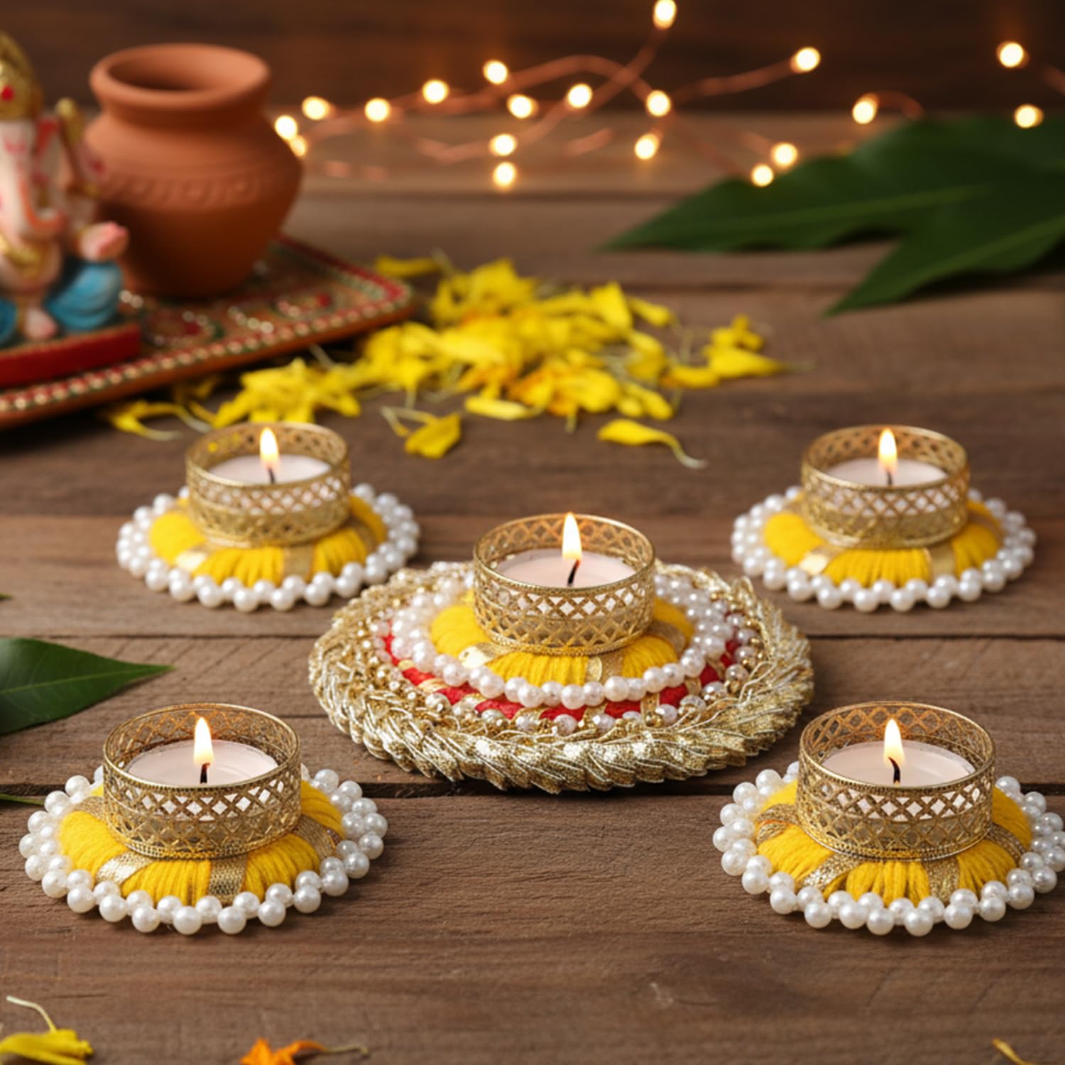TIED RIBBONS Set of 5 Florals Tealight Candle Holders for Diyas