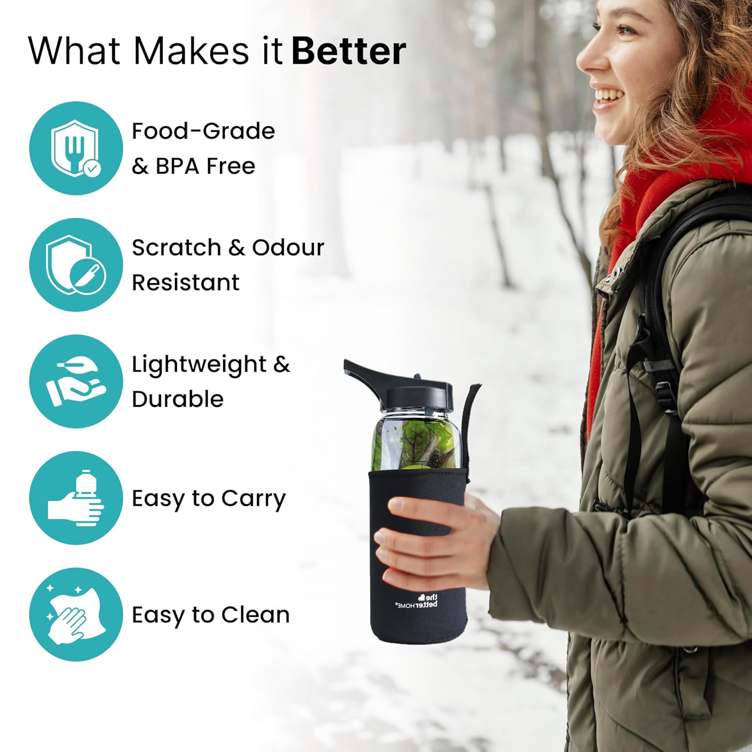 The Better Home Borosilicate Sipper Water Bottle 1 Litre With Anti Slip Cover Sleeve
