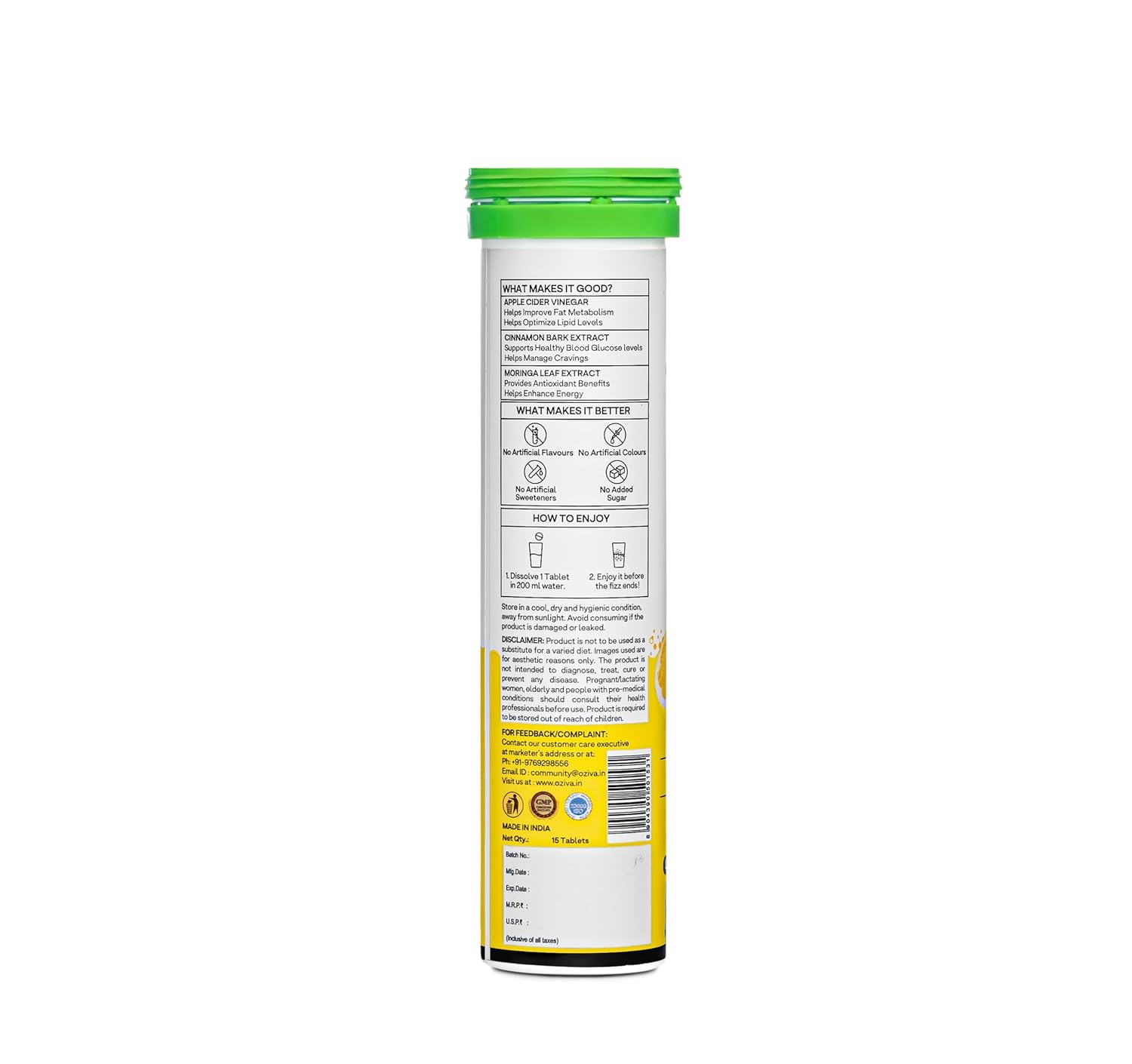 OZiva ACV Moringa Lemon Masala 360 gms-Pack of 4 (60 tablets).