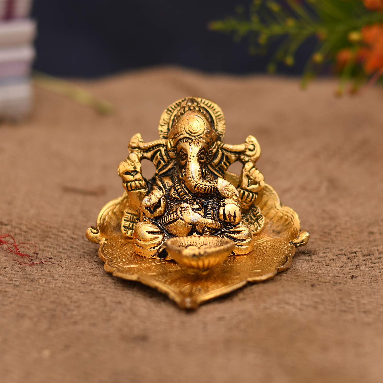 Collectible India Lord Ganesha on Leaf with Diya | Metal Diwali Gift
