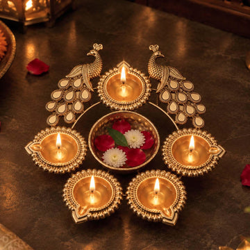 Ascension Peacock Diya Shape Decorative Urli Bowl for Home Decor with 5 Attached Oil Diyas