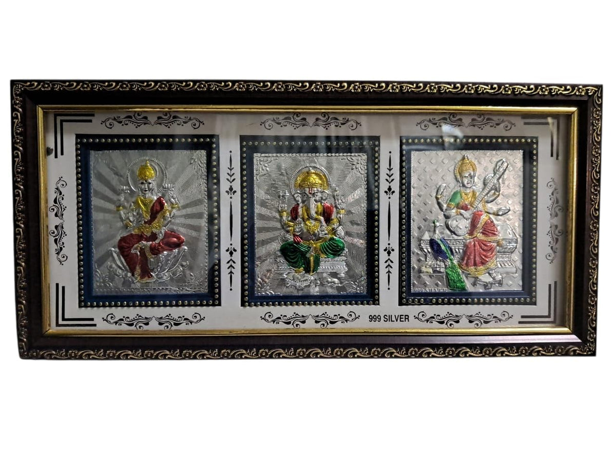 999 Pure Silver Lakshmi Ganesha and Saraswati Frame for Gift