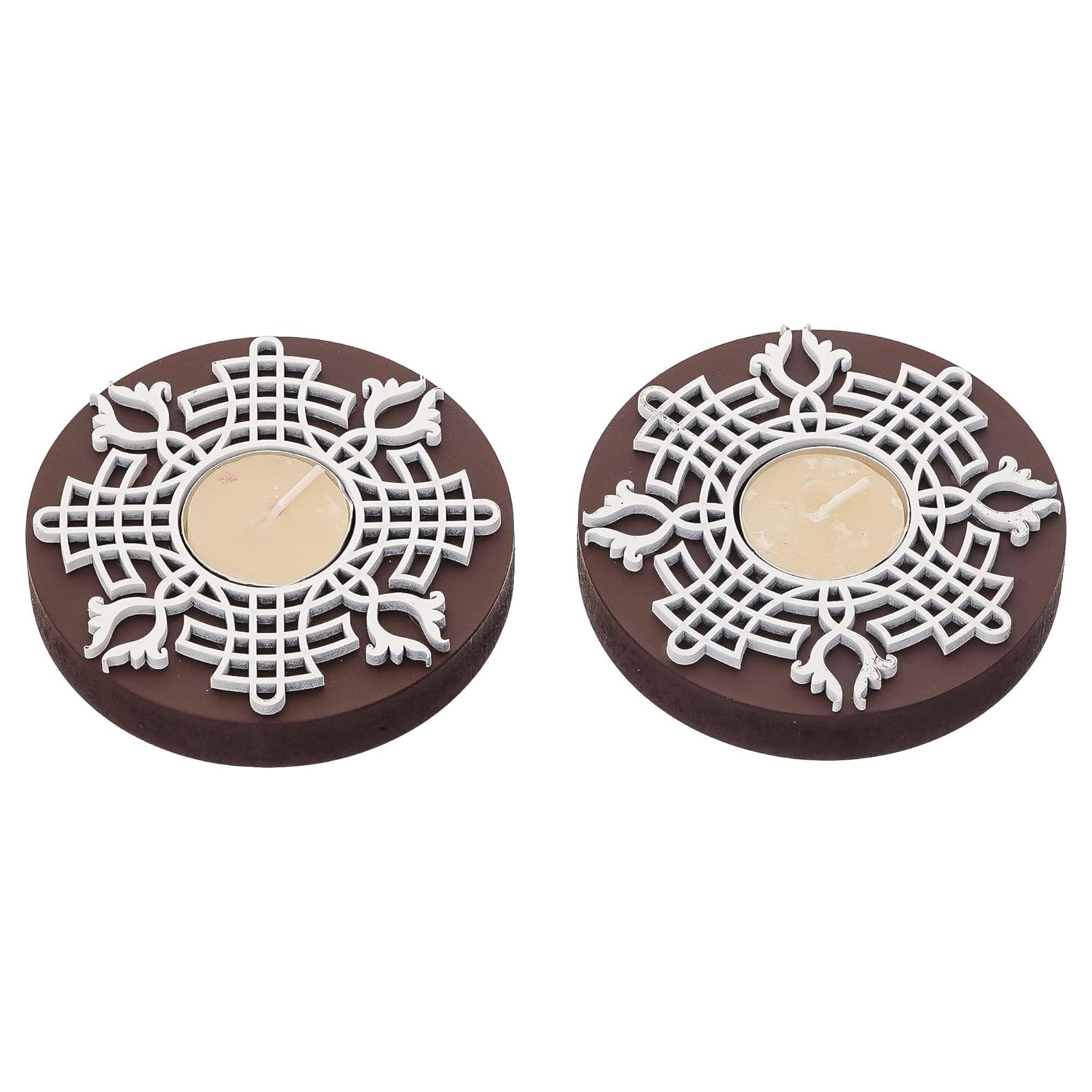 eCraftIndia Brown & White Round Handcrafted Wooden Block Print Tea Light Candle Holders