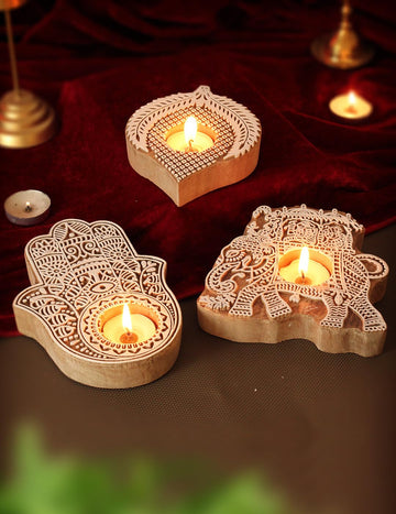 TIED RIBBONS Set of 3 Handmade Wooden Tealight Candle Holder Stand