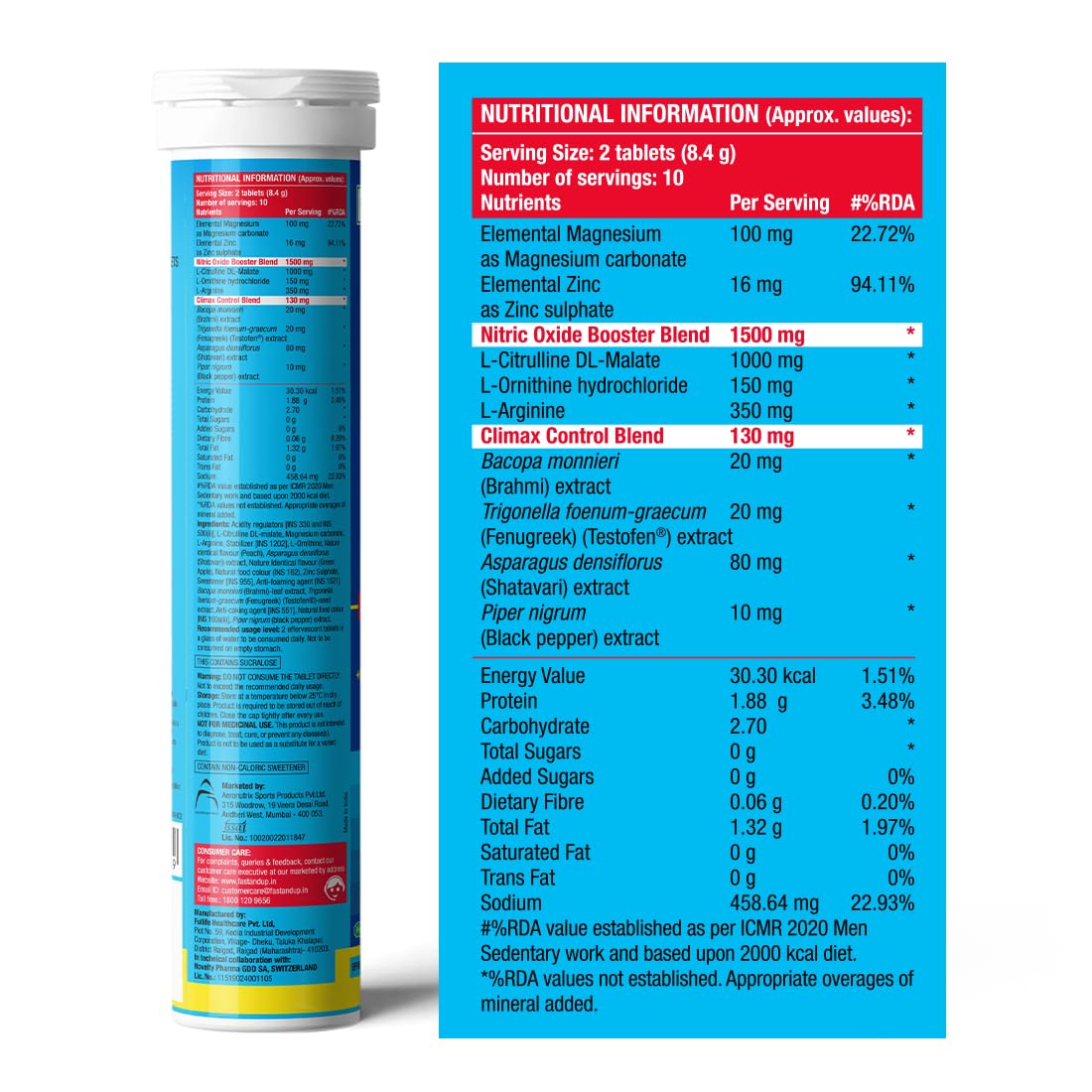 Fast&Up Man Extend, Testofen Fenugreek Extract Pack of 20 Effervescent (Peach Flavour)
