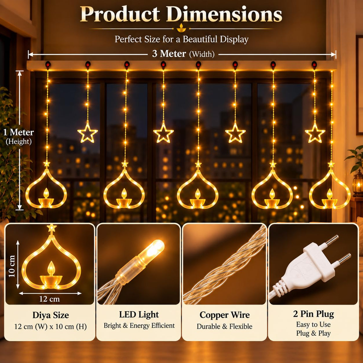 One94Store Deep Diya Curtain Decorative LED String Lights – 3 Meter Warm White Plug-in Lights with 108 LEDs