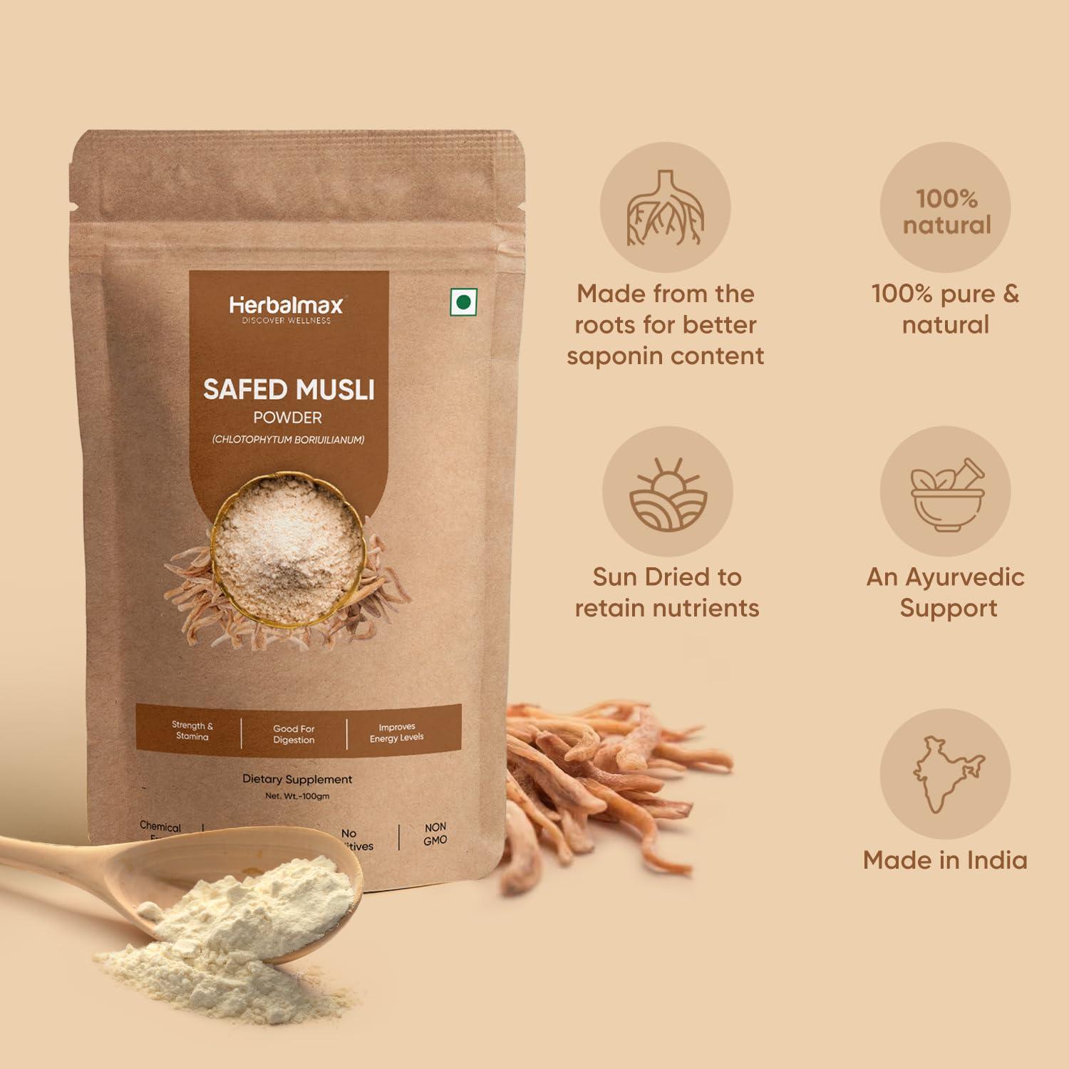 Herbal max Organic Safed Musli Root Powder - 100 g
