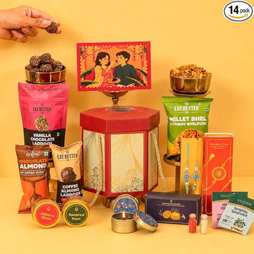 EAT BETTER CO Pyaar Ka Pitara - Rakhi Gift Hamper 14 Item-Evil Eye & Lumba Bracelet, Vanilla Chocolate Dry