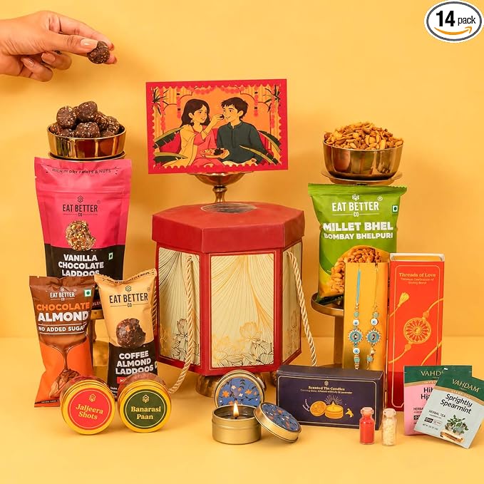 EAT BETTER CO Pyaar Ka Pitara - Rakhi Gift Hamper 14 Item-Evil Eye & Lumba Bracelet, Vanilla Chocolate Dry