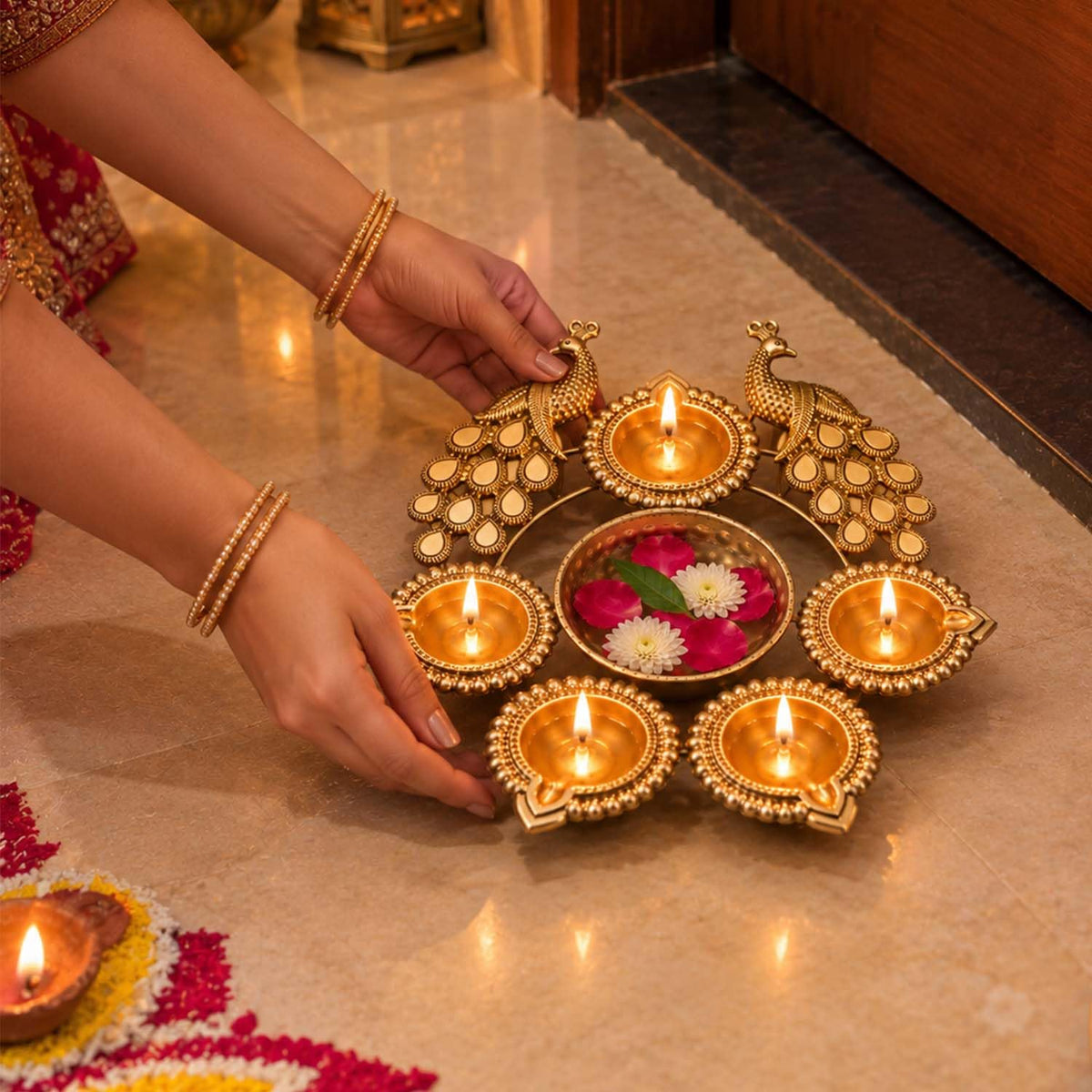 Ascension Peacock Diya Shape Decorative Urli Bowl for Home Decor with 5 Attached Oil Diyas